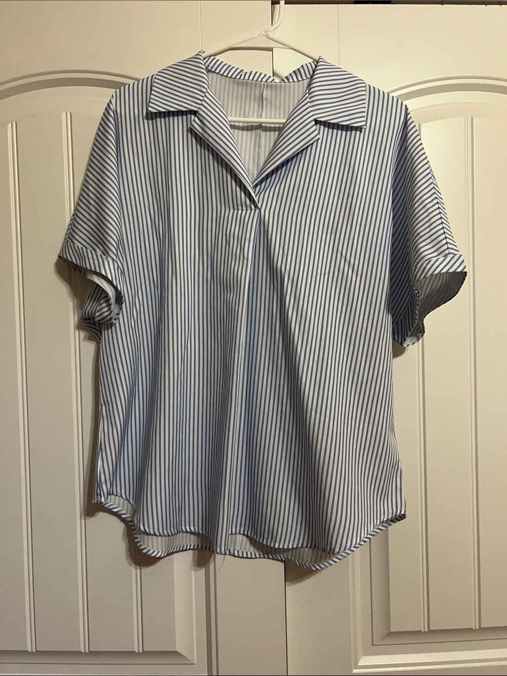 Amazon Blue & White Striped Oversized Short-Sleeve Button-Front Shirt